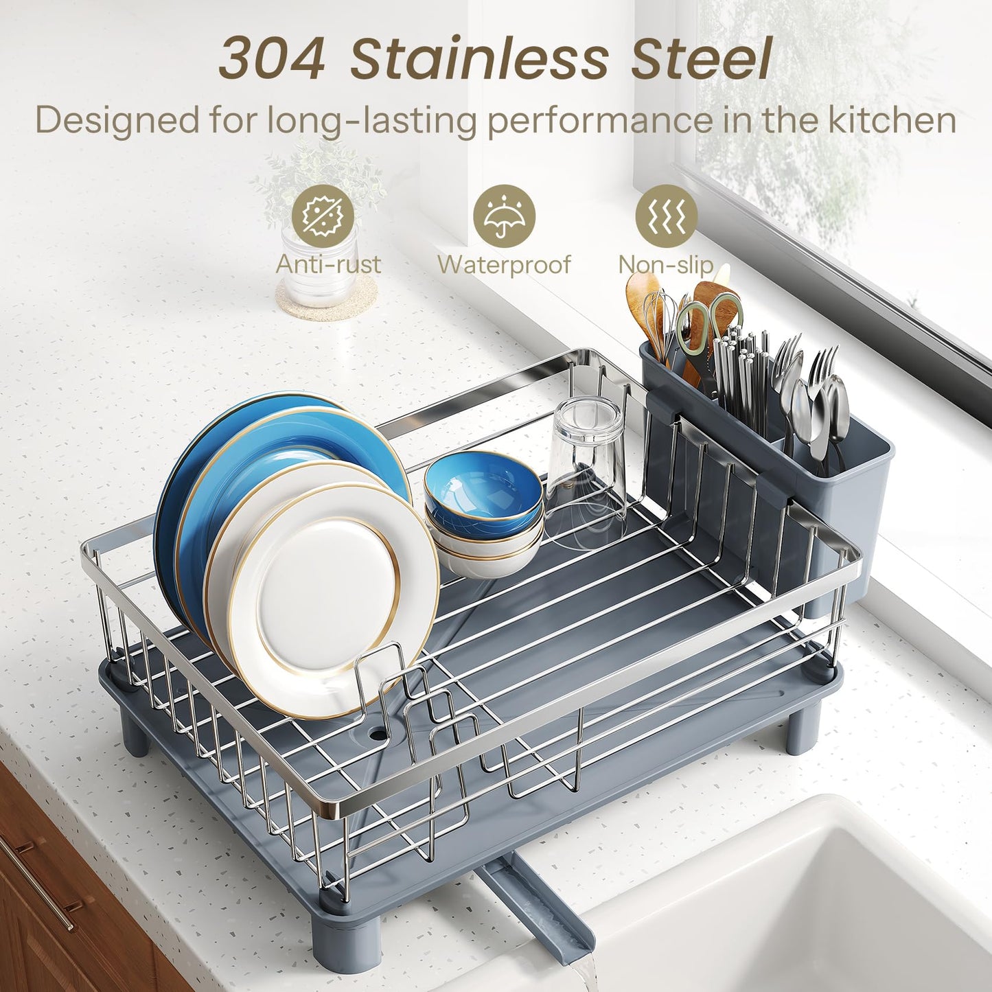 SNTD Dish Drying Rack - Small Dish Rack for Kitchen Counter, Stainless Steel Dish Drainer with Utensil Holder and Drainboard, 11" W x 15" L (Silver)
