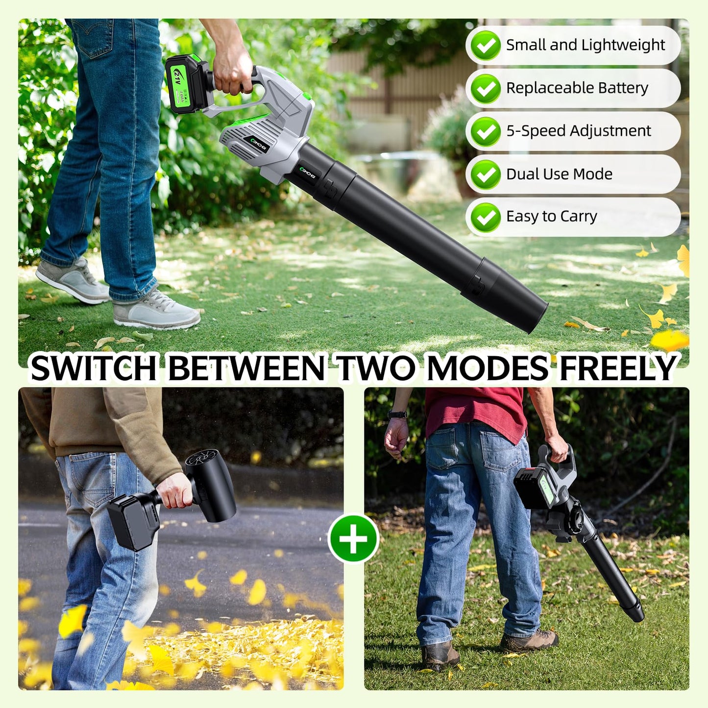 Leaf Blower - 500000RPM Cordless Electric Blower - 2 X 4.0Ah Batteries and Charger - 5 Speed Mode - 21V Lightweight Leaf Blower Cordless for Patio Cleaning, Lawn Care (Gray)