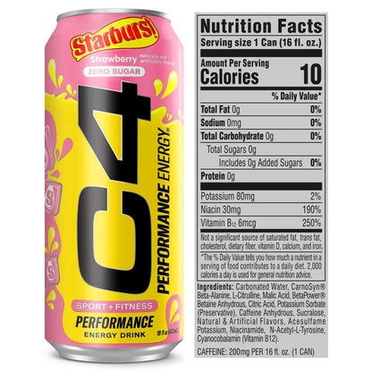 Cellucor C4 Performance Energy Drink | STARBURST Strawberry | Zero Sugar Carbonated Preworkout Energy | 200mg Caffeine with Beta Alanine | 16 Fl Oz (12 Pack)