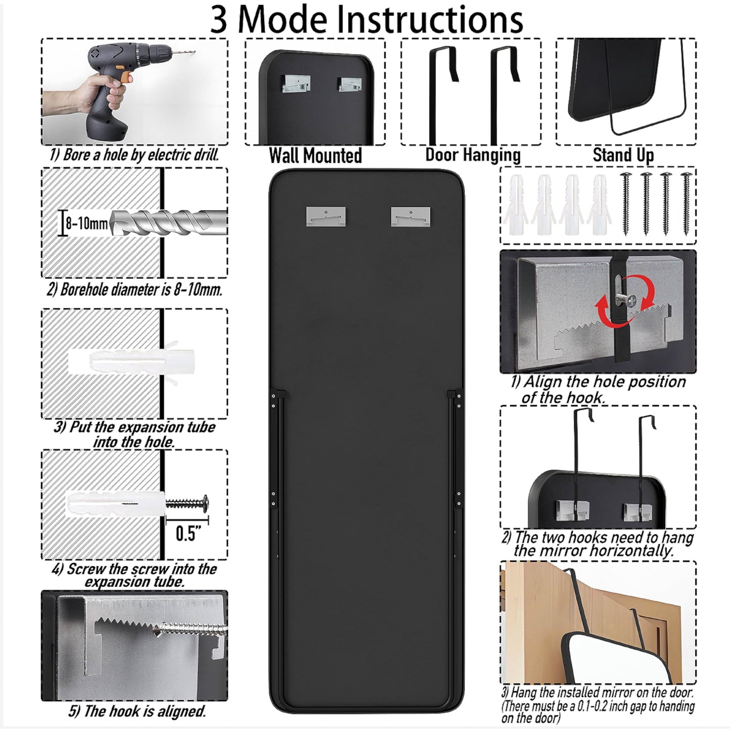 SCWF-GZ 57x20 Door Hanging Full Length Mirror, Floor Stand (Height 5.7ft just Body in1.3ft) Wall Mounted Metal Frame Rectangle Dressing Mirrors for Bedroom Living Room 57 inch Black