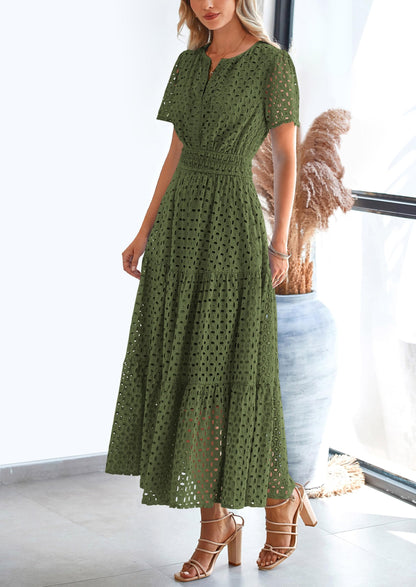 PRETTYGARDEN Womens 2025 Summer Maxi Dress Short Sleeve V Neck Hollow Out Eyelet A Line Long Flowy Beach Vacation Dresses (Army Green,Medium)