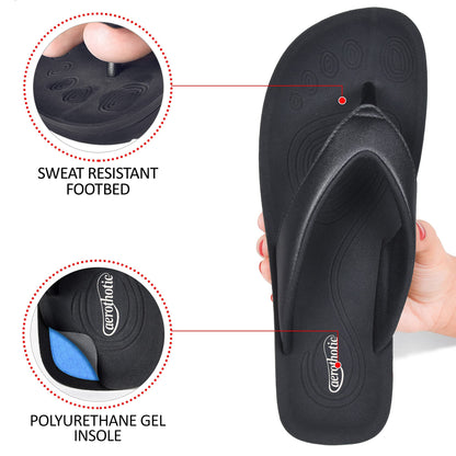AEROTHOTIC Slip On Recovery Footwear Plantar Fasciitis Flip Flops for Women Yoga Mat Outdoor Walking Beach Ladies Arch Support Summer Thong Dressy Casual Sandals Pearly Black, Size 9