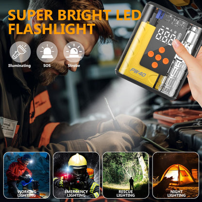 Hererod PW40 Jump Starter, Tire Inflator Portable Air Compressor, 4000A Peak 200PSI & 4X Faster, 32000mAh 12V Car Battery Jump Starter (9L Gas/8L Diesel), Portable Tire Inflator for Car(Yellow)