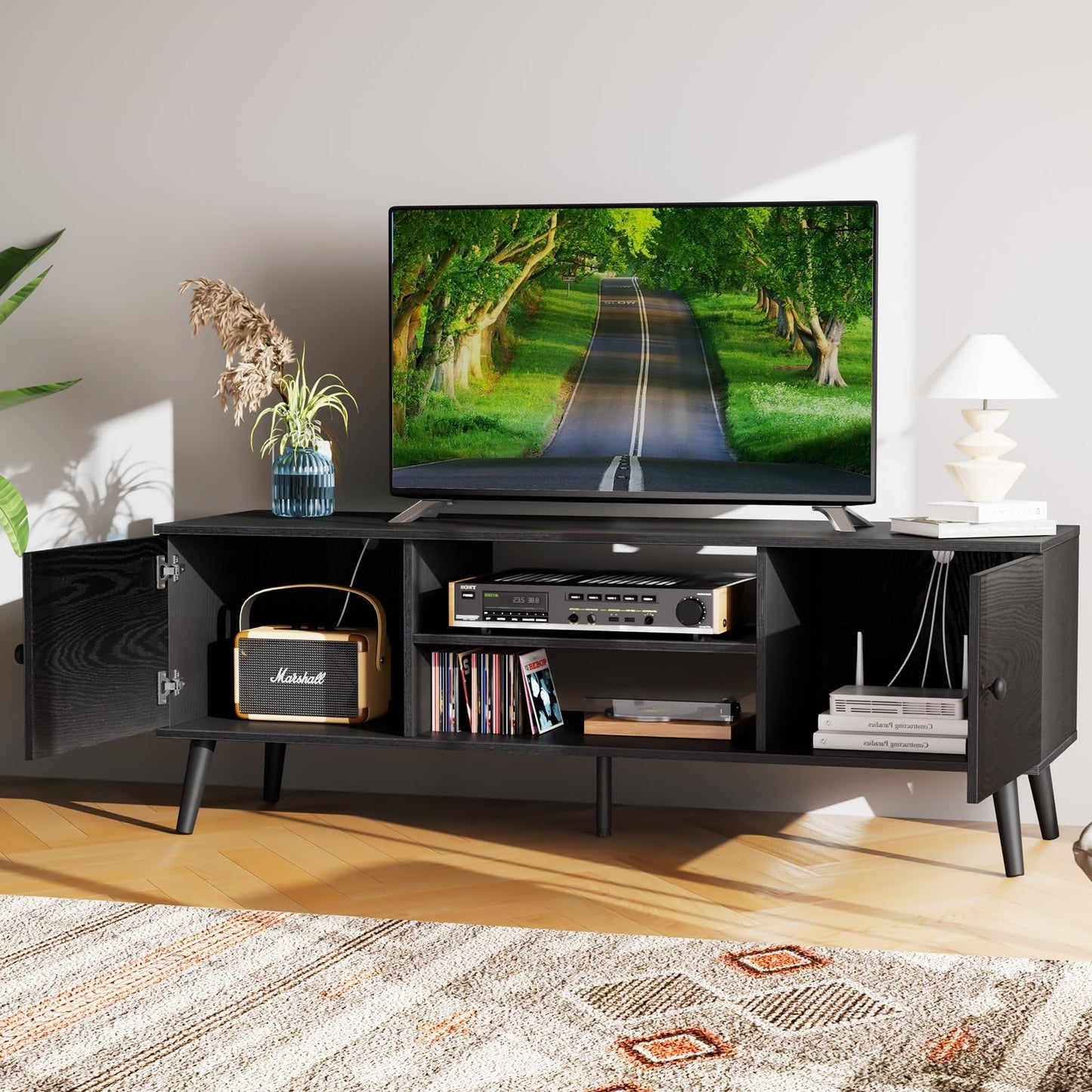 Sweetcrispy TV Stand for 55 60 inch TV, Modern Mid Century Entertainment Center with Storage, Media Console Table 2 Cabinet, Soft Hinge, Handle Door, Wooden Living Room, Office Furniture, Black