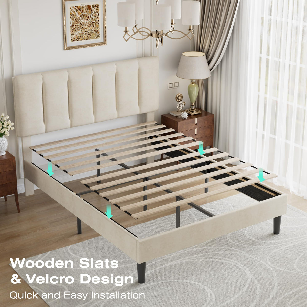 VECELO Queen Size Bed Frame with Upholstered Headboard, Pale Beige