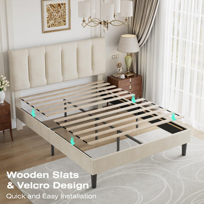 VECELO Queen Size Bed Frame with Upholstered Headboard, Pale Beige