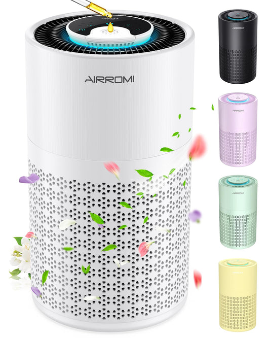 AIRROMI Air Purifier for Bedroom with HEPA 3-in-1 Filter, Pet Air Purifier for Home Cat Pee Smell, Covers Upto 990 Ft², Quiet 360° intake Air Cleaner for pet hair,allergies,Dust,Smoke A2001 White