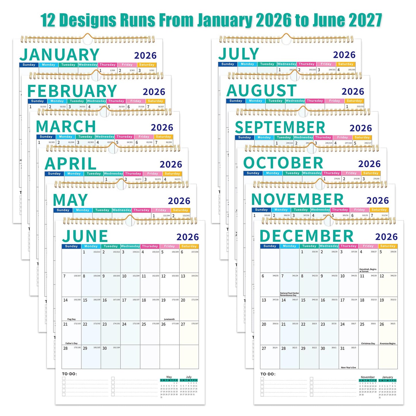 Wall Calendar 2026-2027, 18 Month Calendar from January 2026 to June 2027 14.5" x 11.8" Large Desk Calendar with Twin-Wire Binding for Home Office Planning Personal Organisers, Colorful Block