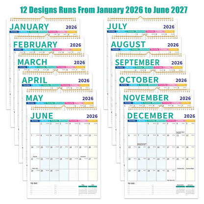 Wall Calendar 2026-2027, 18 Month Calendar from January 2026 to June 2027 14.5" x 11.8" Large Desk Calendar with Twin-Wire Binding for Home Office Planning Personal Organisers, Colorful Block
