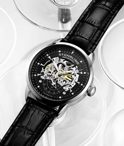 Stuhrling Original Mens Watch-Automatic Skeleton Dial - Black Leather Watch Strap Mechanical Watch Silver Executive (Black)