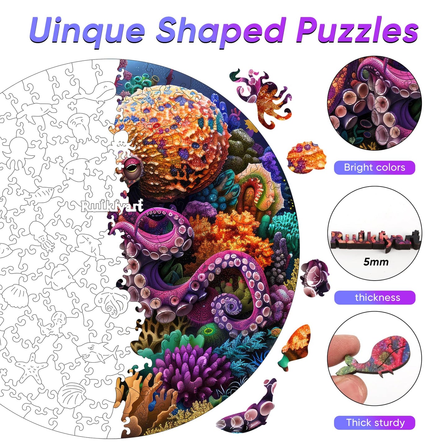Ruikiyart Wooden Puzzles for Adults Octopus Wooden Jigsaw Puzzles 200pcs Unique Shapes Family Game Fabulous Gift for Kids and Adults on Birthday,Thanksgiving,Christmas 11.2 x 11.2 Inches