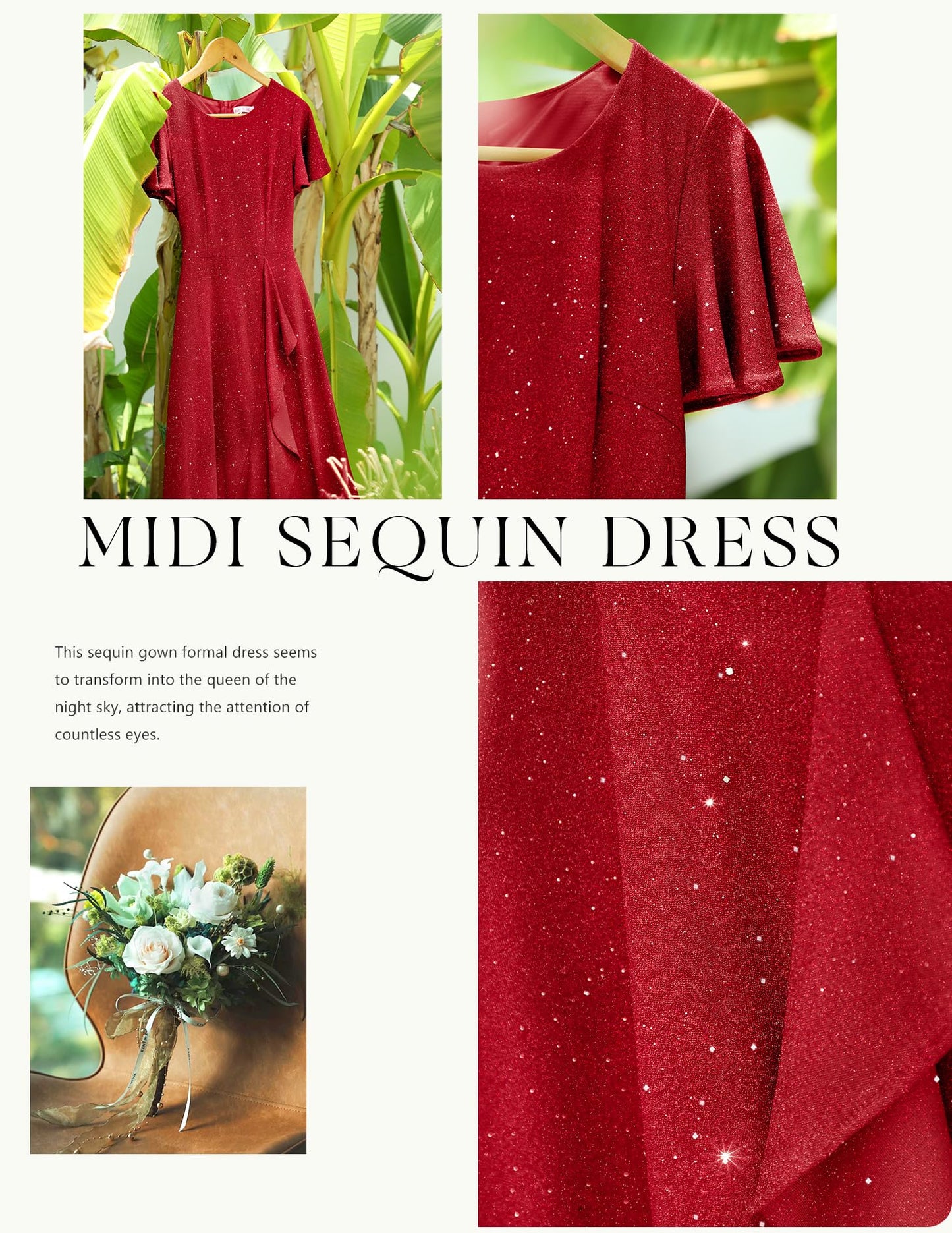 BeryLove Women Sequin Formal Party Dress Flutter Short Sleeve Wedding Guest Dress Cocktail Long Evening Dress BLS007 Red L