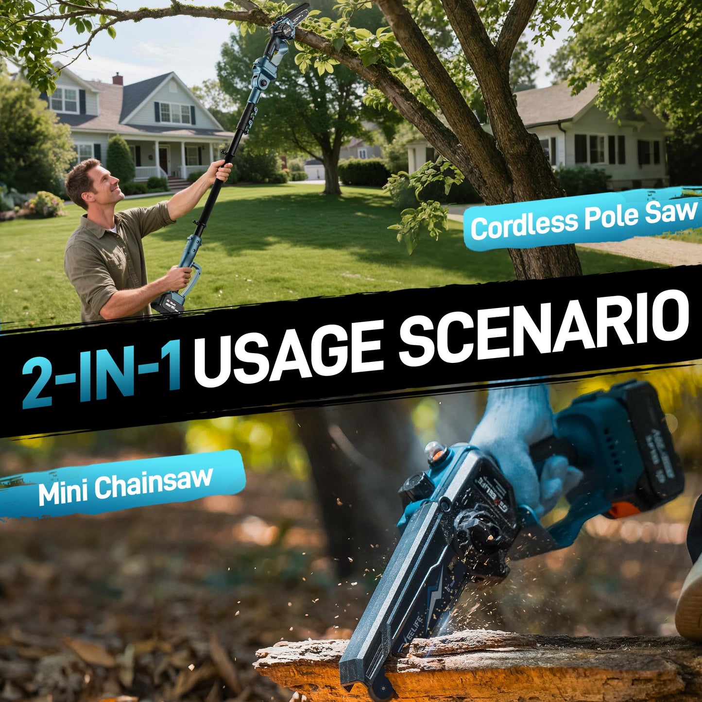 GEVEELIFE 2-in-1 Electric Pole Saw, Cordless Pole Saw & 6 Inch Brushless Mini Chainsaw with 2x 4.0Ah Battery, Pole Saws for Tree Trimming, 15-Foot Reach Extension Pole for Tree Branches Wood Cutting