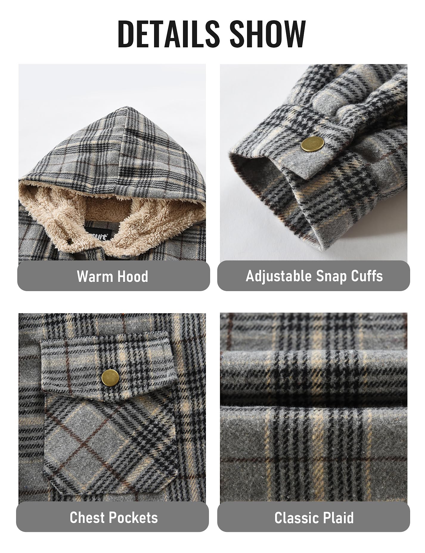 Elesuit Women's Fleece Flannel Jacket Plaid Sherpa Lined Jacket Long Sleeve Button Down Hooded Jackets for Women Grey Black X-large