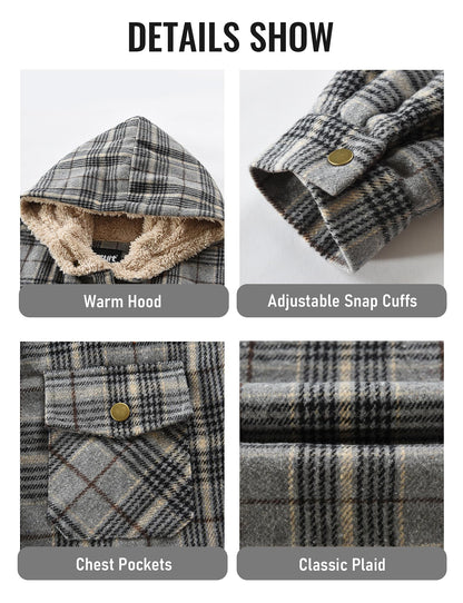 Elesuit Women's Fleece Flannel Jacket Plaid Sherpa Lined Jacket Long Sleeve Button Down Hooded Jackets for Women Grey Black X-large