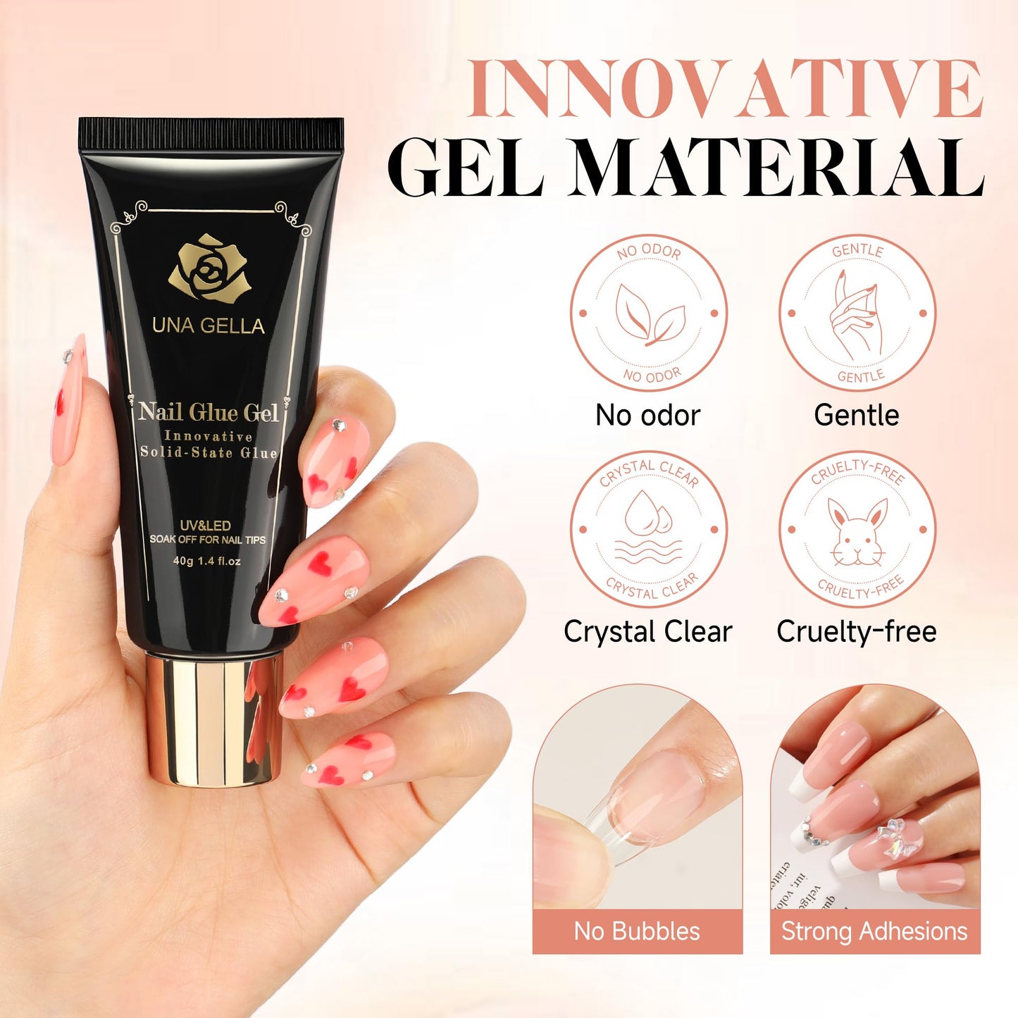 UNA GELLA Gel Nail Glue, Solid Nails Gl ue Gel 40g Lamp Curing Needed Soak Off G LUE Strong Nail G LUE G el for Acrylic Fake Nails Tips Extension Press On Nails for Gelly Tips