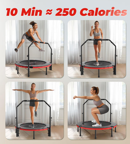 BCAN 48" Foldable Mini Trampoline, Rebounder Trampoline for Adults, Adjustable Foam Handle, Exercise Rebounder for Adults Indoor/Garden Workout, Max Load 440lbs, Red