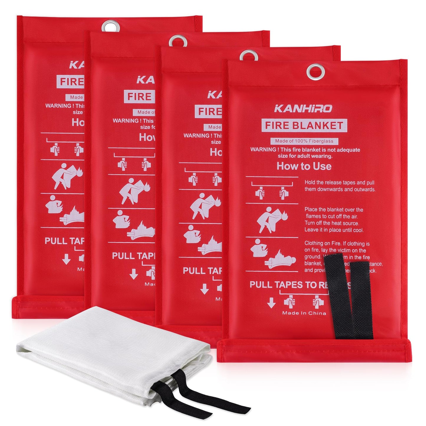 Emergency Fire Blanket for Home Kitchen - KANHIRO Fiberglass Fire Suppression Blanket Great for School, Fireplace, Grill, Car, Office, Warehouse (4 Pack, 39 in X 39 in)