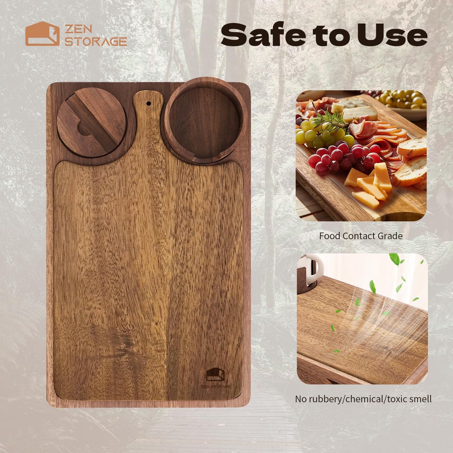 ZenStorage Acacia Wood Couch Arm Table Tray with Charcuterie Board with Phone Holder, Cup Slot & Folding for Wide/Narrow Recliners, Snack Table for Small Spaces TV Entertaining (Natural Wood)
