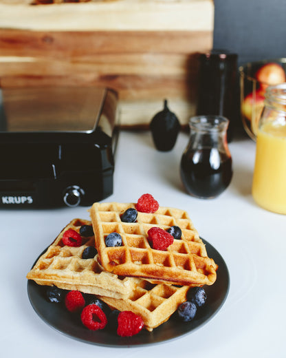 KRUPS: Waffle Maker, Stainless Steel, 4 Slices, 1200 Watts Square, 5 Browning Levels, Removable Plates, Dishwasher Safe, Belgian Waffle Silver and Black