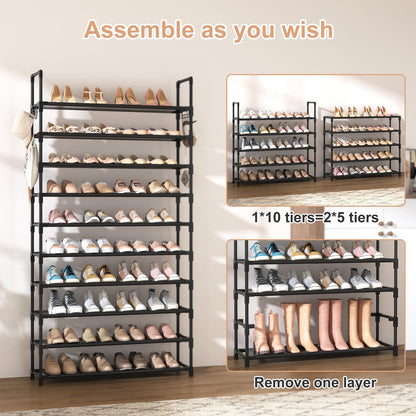 VTRIN 10 Tier Shoe Rack Tall Large Capacity 50 Pair Wide Shoe Organizer with Two Hooks Sturdy Metal Shoe Shelf for Entryway, Closet, Bedroom