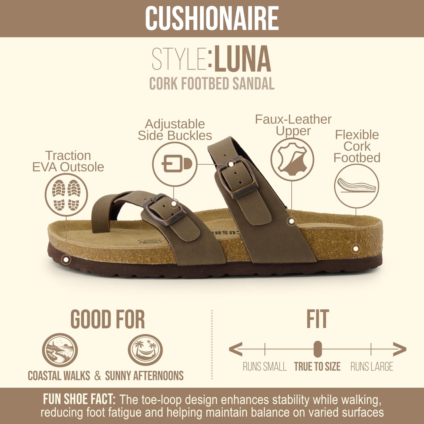 CUSHIONAIRE Luna Sandals for Women, Cork Footbed Womens Sandals for Summer Comfort with Adjustable Straps, Wide Width Available, BROWN 8.5