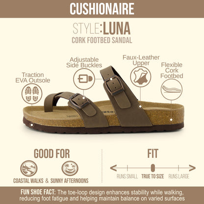 CUSHIONAIRE Luna Sandals for Women, Cork Footbed Womens Sandals for Summer Comfort with Adjustable Straps, Wide Width Available, BROWN 8.5