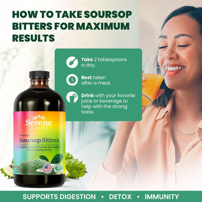 Serene Herbs - Soursop Bitters Liquid - Organic Herbal Sour SOP Guanabana Detox with Black Seed, Moringa & Ginger - Supports Digestive Wellness & Immune Function - 16 fl oz