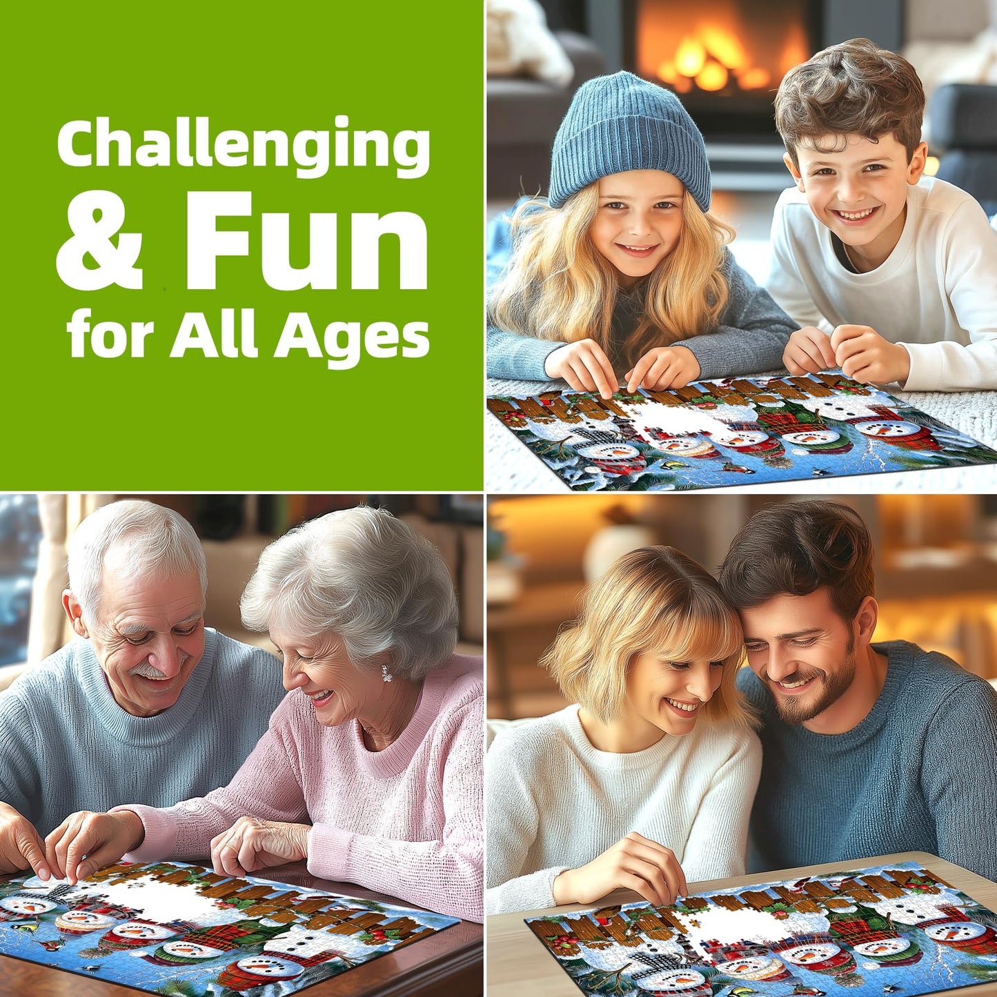 Winter Snowmen Christmas Jigsaw Puzzle 1000 Pieces for Adults Festive Holiday Scene with Birds & Snowy Fence Puzzle with Letters on Back Family Challenge Perfect for Game Night (27.6x19.7 Inch