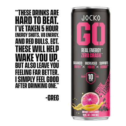 Jocko GO Energy Drink - KETO, Vitamin B12, Vitamin B6, Electrolytes, L Theanine, Magnesium- All Natural Energy Boost, Sugar Free Nootropic Monk Fruit Blend - 12 Pack (Pink Lemonade)