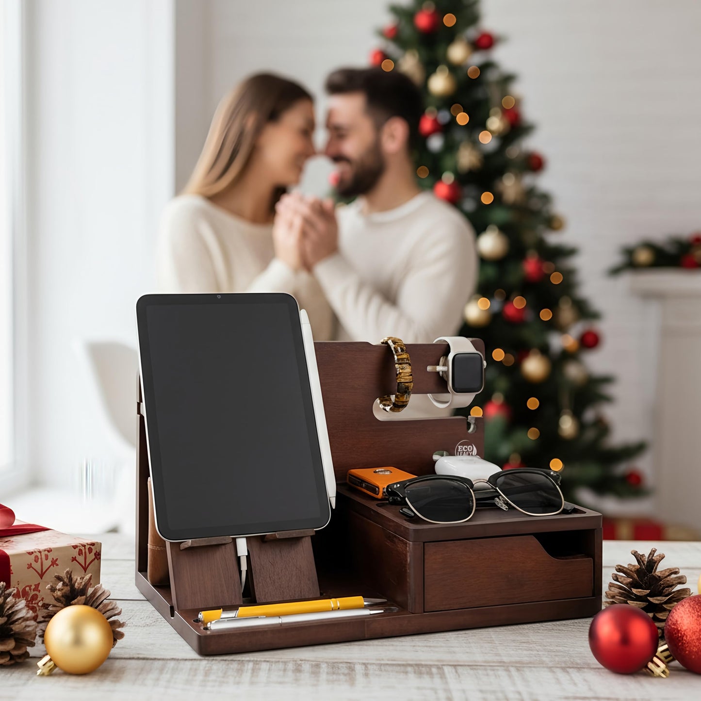 EcoLeafy Dot Nightstand Organizer- Bedside Docking Station for Men- Unique Gifts for Husband, Father or Dad from Wife, Son or Daughter- Desk Organizer for Phone, Watches, Wallet & Accessories (Brown)