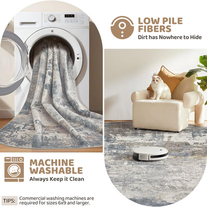 UERMEI 9x12 Area Rug Living Room Rugs - Washable Neutral Modern Abstract Soft Thin Large Rug Indoor Floor No Slip Rug Carpet for Bedroom Under Dining Table Home Office Decor - Blue Grey