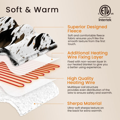 blunique Cow Print Heated Blanket Twin-Heating Electric Blanket Twin with 10 Heat Levels & 10 Hours Auto-Off, Cozy Soft Fleece Sherpa, Washable, 62 x 84 Inches Cow Print White