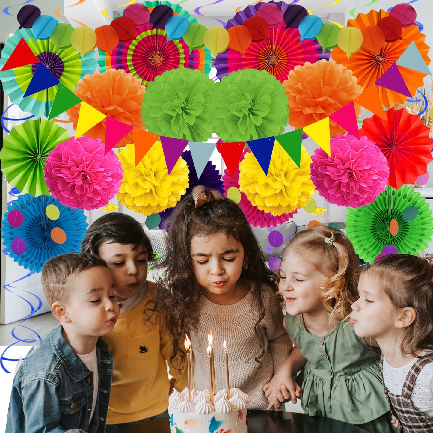Recosis Fiesta Party Decorations, Multicoloured Paper Fans Pompoms Paper Balloon Garlands Hanging Swirls Decorations for Fiesta Gifts Mexican Cinco De Mayo Taco Birthday Party Supplies