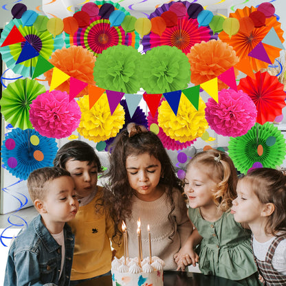 Recosis Fiesta Party Decorations, Multicoloured Paper Fans Pompoms Paper Balloon Garlands Hanging Swirls Decorations for Fiesta Gifts Mexican Cinco De Mayo Taco Birthday Party Supplies