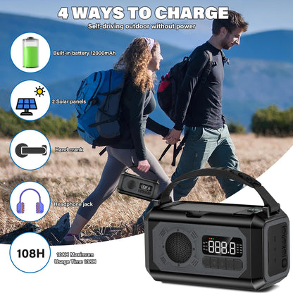 44400mWh/12000mAh Emergency Weather Radio, Hand Crank Radio Solar Radio Portable AM/FM/NOAA Radio with 2 Solar Panels 3 Charging Methods SOS Alarm 3 Mode Flashlight Phone Charger Compass Reading Lamp