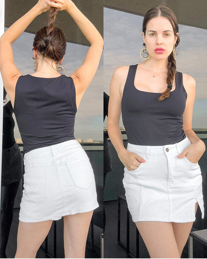 luvamia Skorts Skirts for Women Denim Mini Skirt Side Slit with High Waisted Jean Shorts Stretchy White Skirt Jean Shorts for Women Skorts Skirts for Womens Shorts Brilliant White X-Small