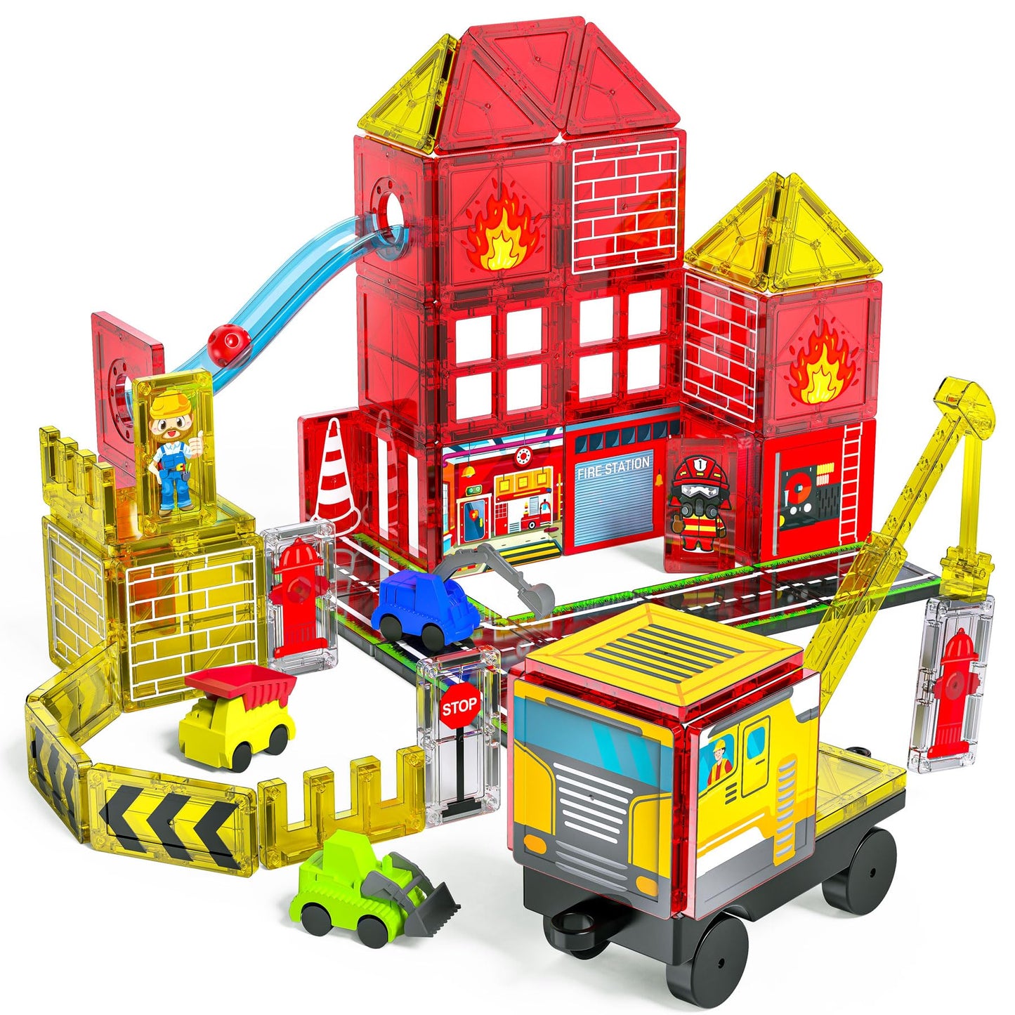 Magnetic Tiles for Kid, Construction Magnet Tiles with Fire Truck & Station, Building, Road, Crane, and Car Toys - Educational Travel Magnetic Tiles for Kids Ages 4-8, STEM Toys for 3+ Year Old