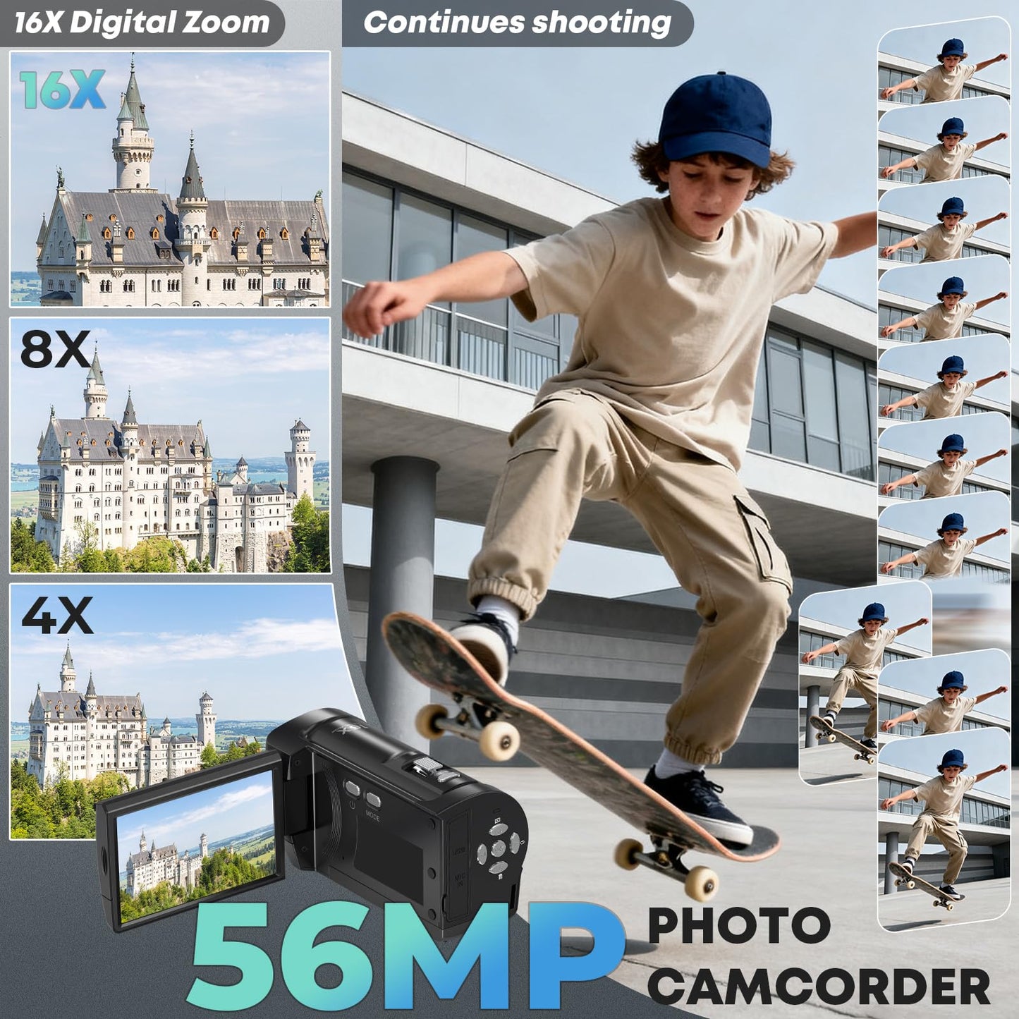 Gcasio 2.7K Video Camera Camcorder QHD 56MP YouTube Vlogging Camera Webcam 16X Digital Zoom with 32G SD Card 270 Degree Rotation Screen Camcorders and 2 Batteries Recording While Charging