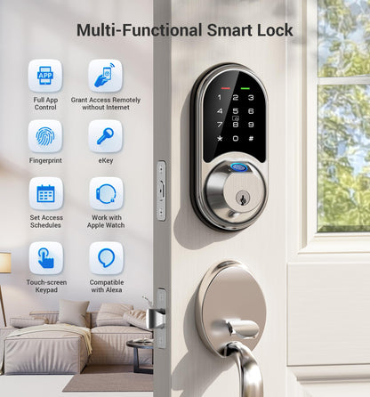 Veise Smart Lock, Fingerprint Door Lock, 7-in-1 Keyless Entry Door Lock with App Control, Electronic Touchscreen Keypad, Smart Deadbolt, Biometric Smart Locks for Front Door, Satin Nickel