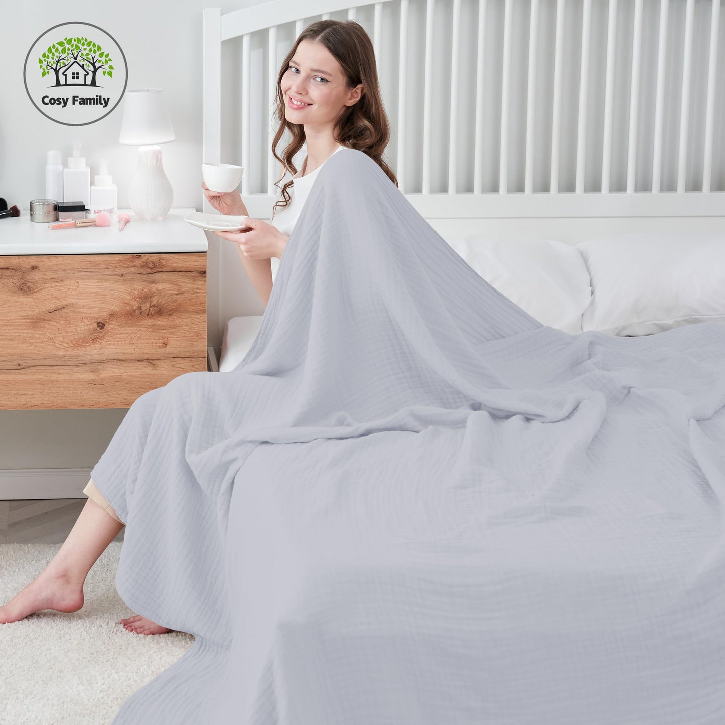 Cosy Family 6 Layer Muslin Bed Blanket - Breathable and Lightweight Gauze Boho Blanket for Spring, Soft 100% Cotton Muslin, Slate, 80x90 Inches