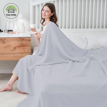 Cosy Family 6 Layer Muslin Bed Blanket - Breathable and Lightweight Gauze Boho Blanket for Spring, Soft 100% Cotton Muslin, Slate, 80x90 Inches