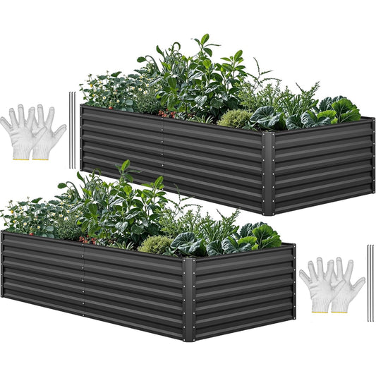 YITAHOME 8x4x2 ft 2pcs Galvanized Raised Garden Bed Kit, Large Metal Planter Box with Gloves, Safety Rubber & Support Rod, Outdoor Flower Bed for Plants Vegetables, Black
