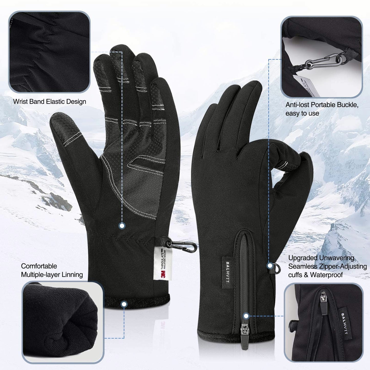 Balhvit -10℉ Waterproof Winter Gloves for Men & Women, 5-Layer Ski & Snow Gloves for Cold Weather, Breathable Warm Gloves with Touch Screen Fingers