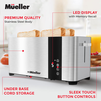 Mueller UltraToast Full Stainless Steel Toaster 4 Slice, Long Extra-Wide Slots with Removable Tray, Cancel/Defrost/Reheat Functions, 6 Browning Levels with LED Display, Kitchen Essentials & Gadgets