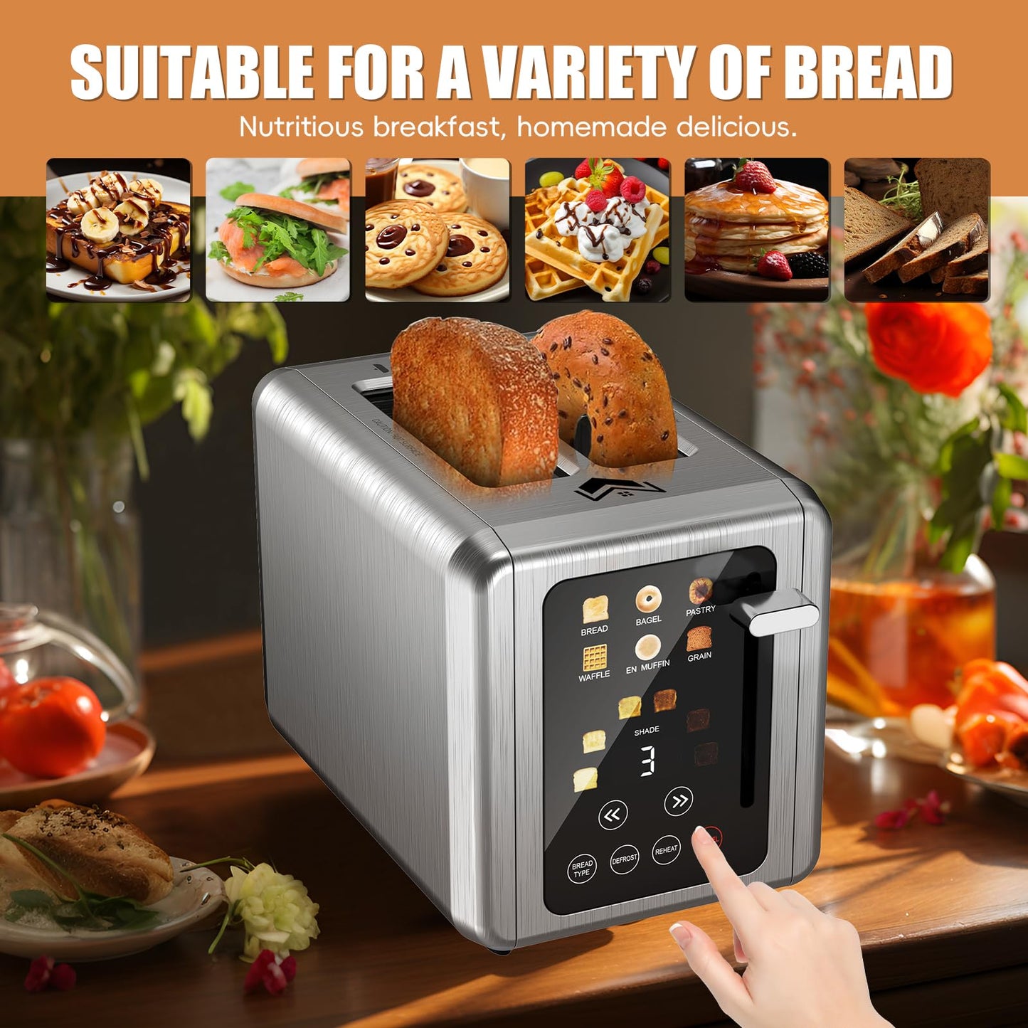 WUNLY Touch screen Toaster 2 slice,Stainless Steel Digital Timer Toasters with Sound Function,6 Bread Types & 6 Shade Settings,Smart Extra Wide Slots Toaster with Bagel,Defrost Functions