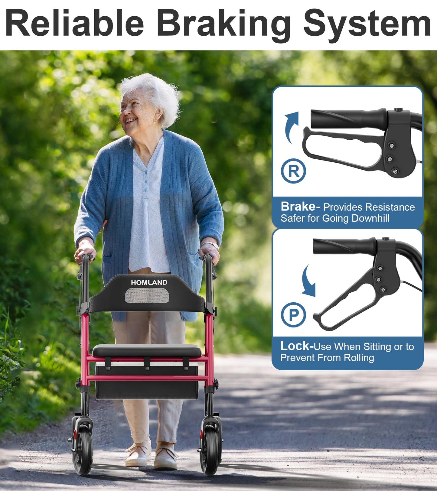 HOMLAND Foldable Rollator Walkers with Seat for Seniors, 8'' Big Wheels, 350 lb. Weight Capacity, Adjustable Handles and Seat Height, Lightweight Rolling Walker, Red