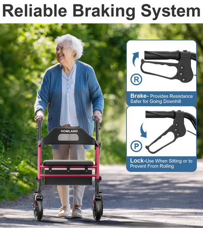 HOMLAND Foldable Rollator Walkers with Seat for Seniors, 8'' Big Wheels, 350 lb. Weight Capacity, Adjustable Handles and Seat Height, Lightweight Rolling Walker, Red
