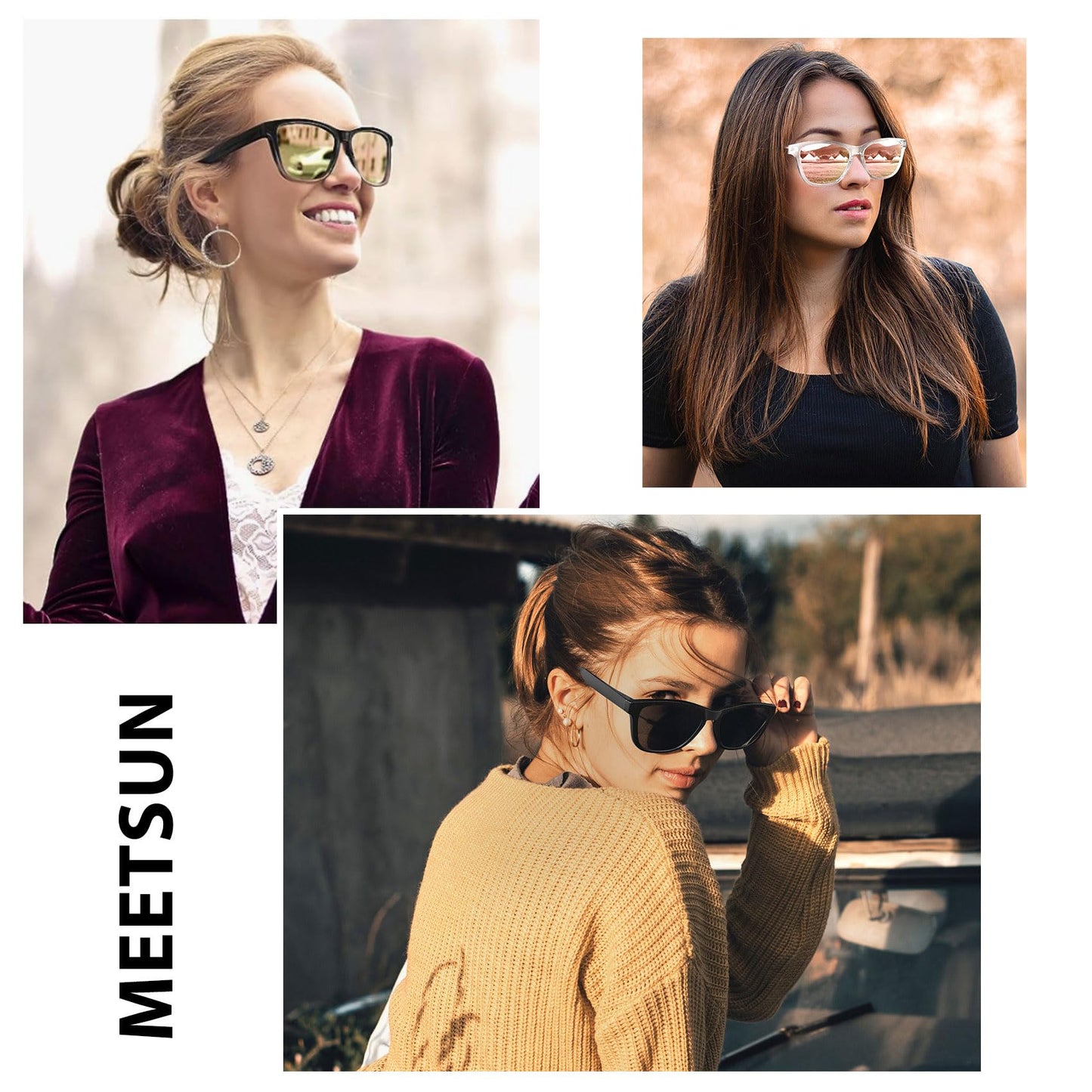 MEETSUN Polarized Sunglasses for Women Men Trendy Classic Retro Designer Style Fashion UV400 Protection 3 PACK Black Lens Rose Gold Pink Mirrored