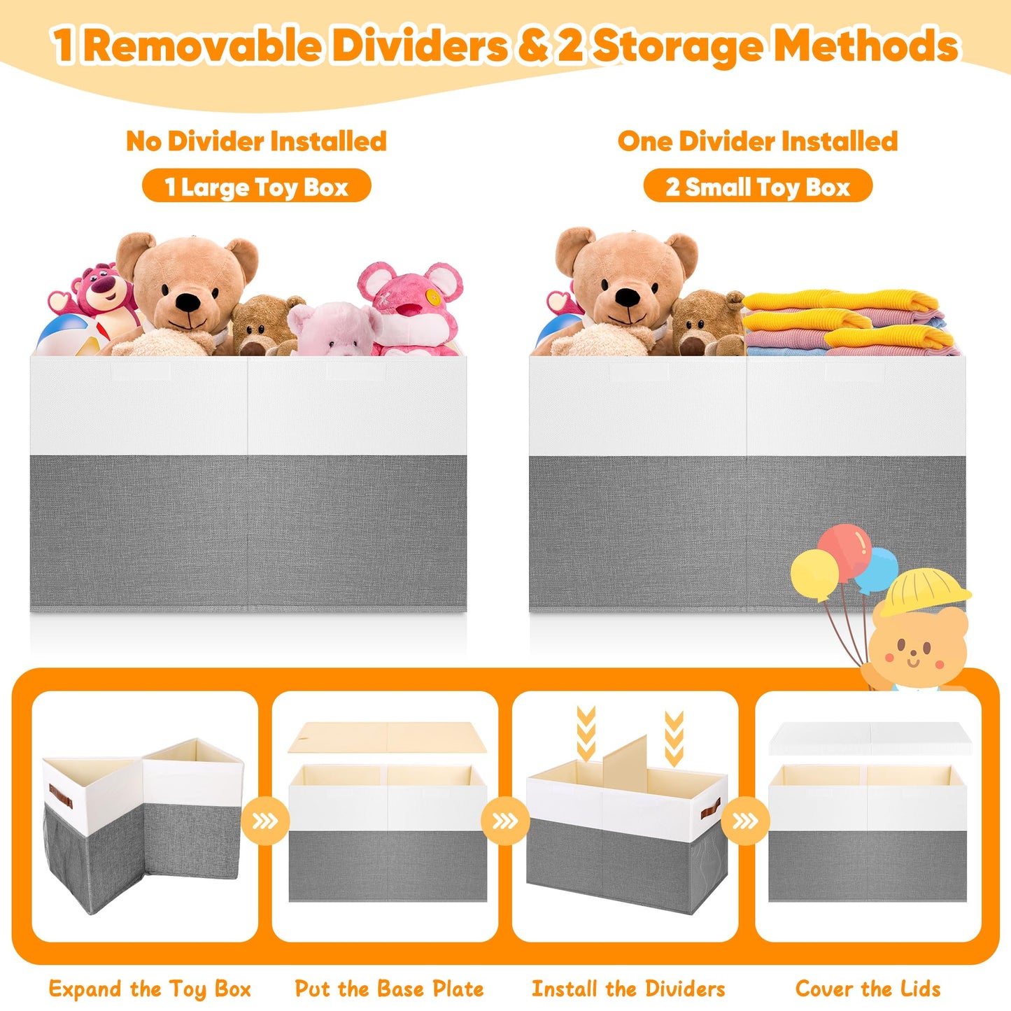 Mabahoo Large Toy Box, Collapsible Sturdy Storage Chest With Lids, Kids Toy Chest Storage Organizer Toddler Bin Boxes for Living Room, Bedroom, Nursery, 25"x13"x16", White & Gray